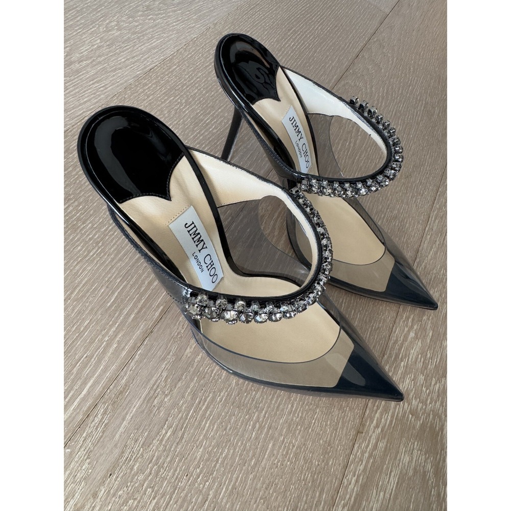 Jimmy Choo Bing 100 Plexi & Leather Mule Black Smoke 38.5 crystal heel no box